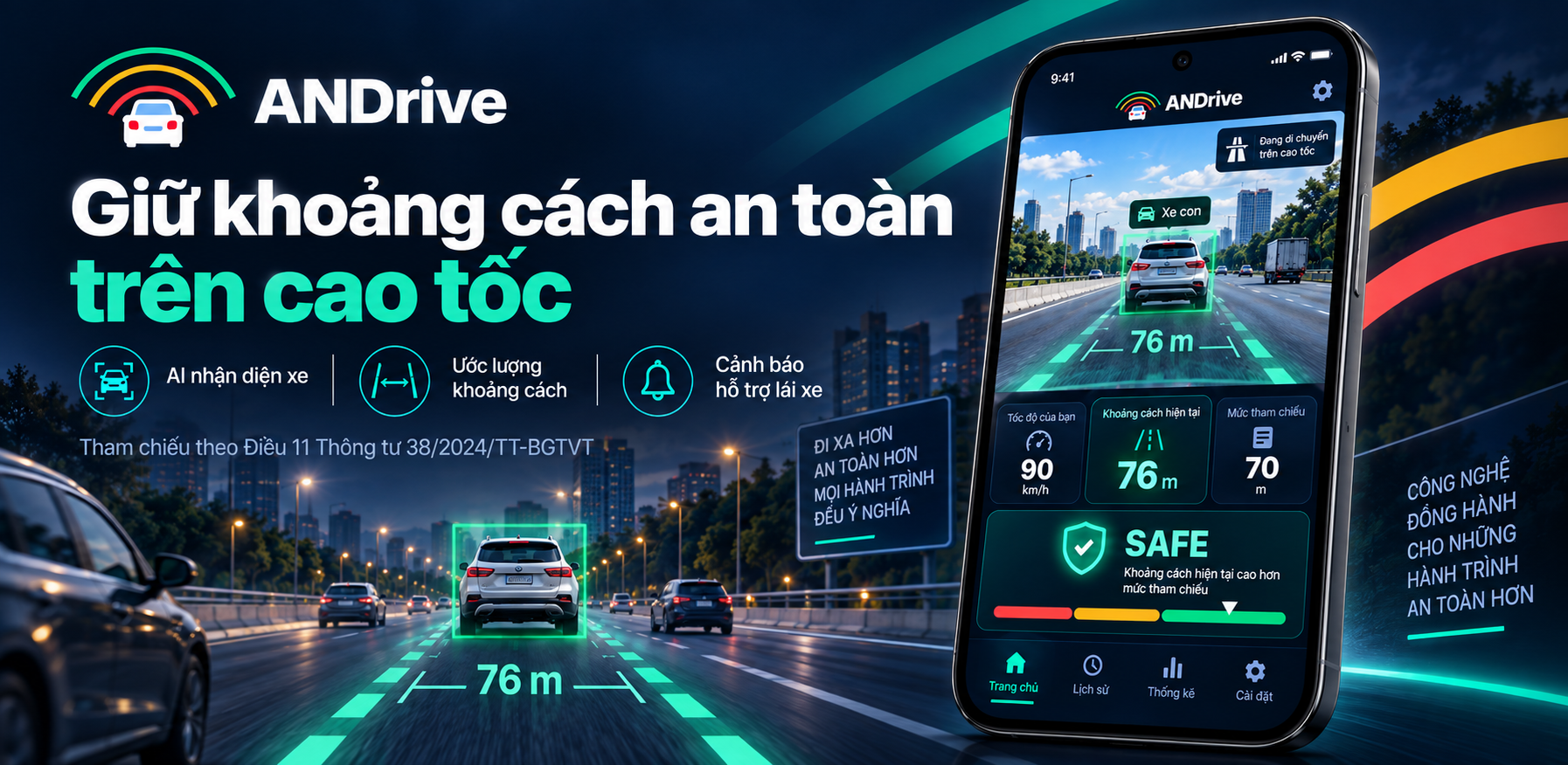 Giao diện ANDrive: khung camera nhận diện phương tiện phía trước, khoảng cách ước lượng và trạng thái cảnh báo.