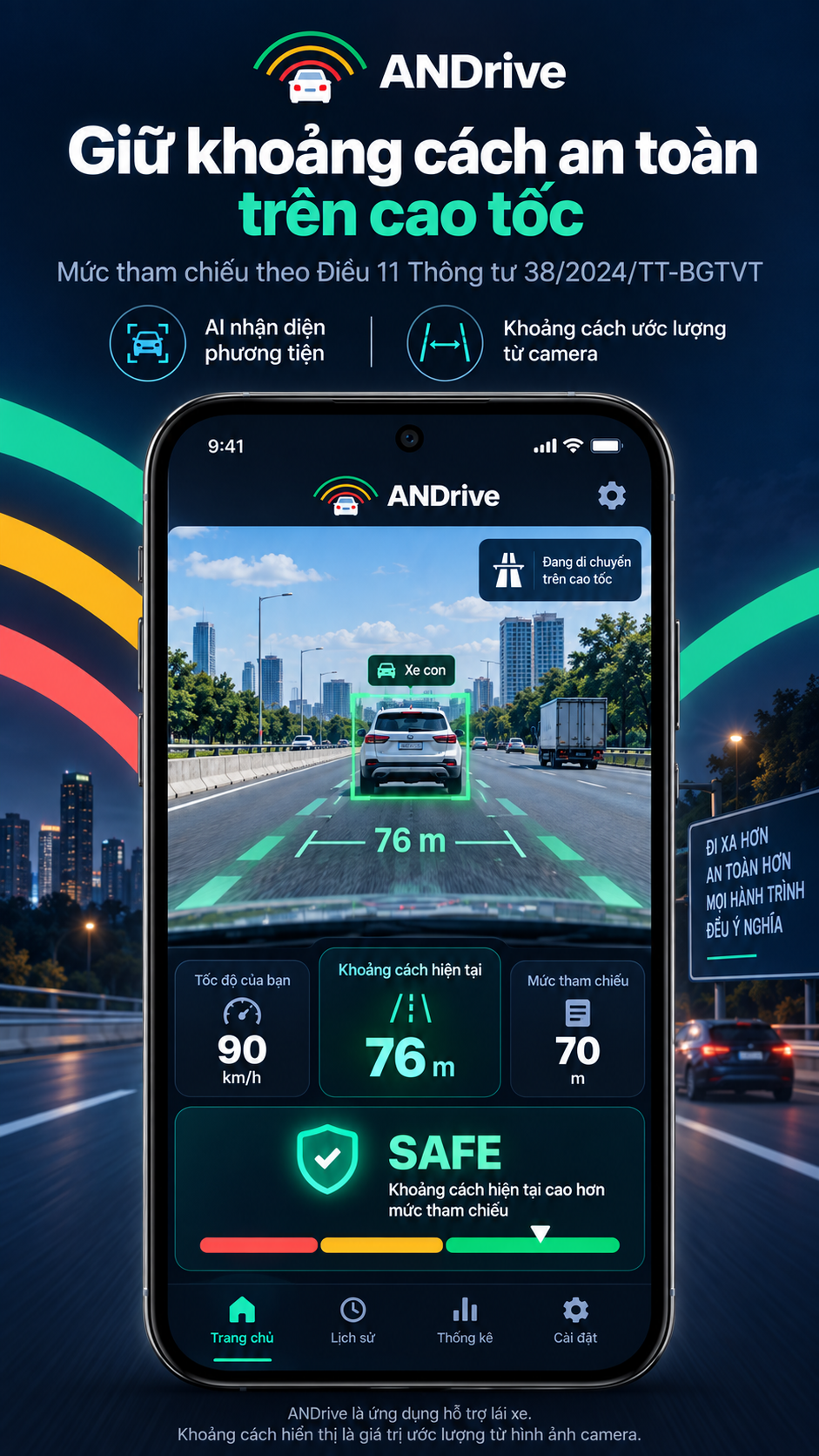 ANDrive nhận diện phương tiện phía trước và hiển thị khoảng cách ước lượng theo thời gian thực.