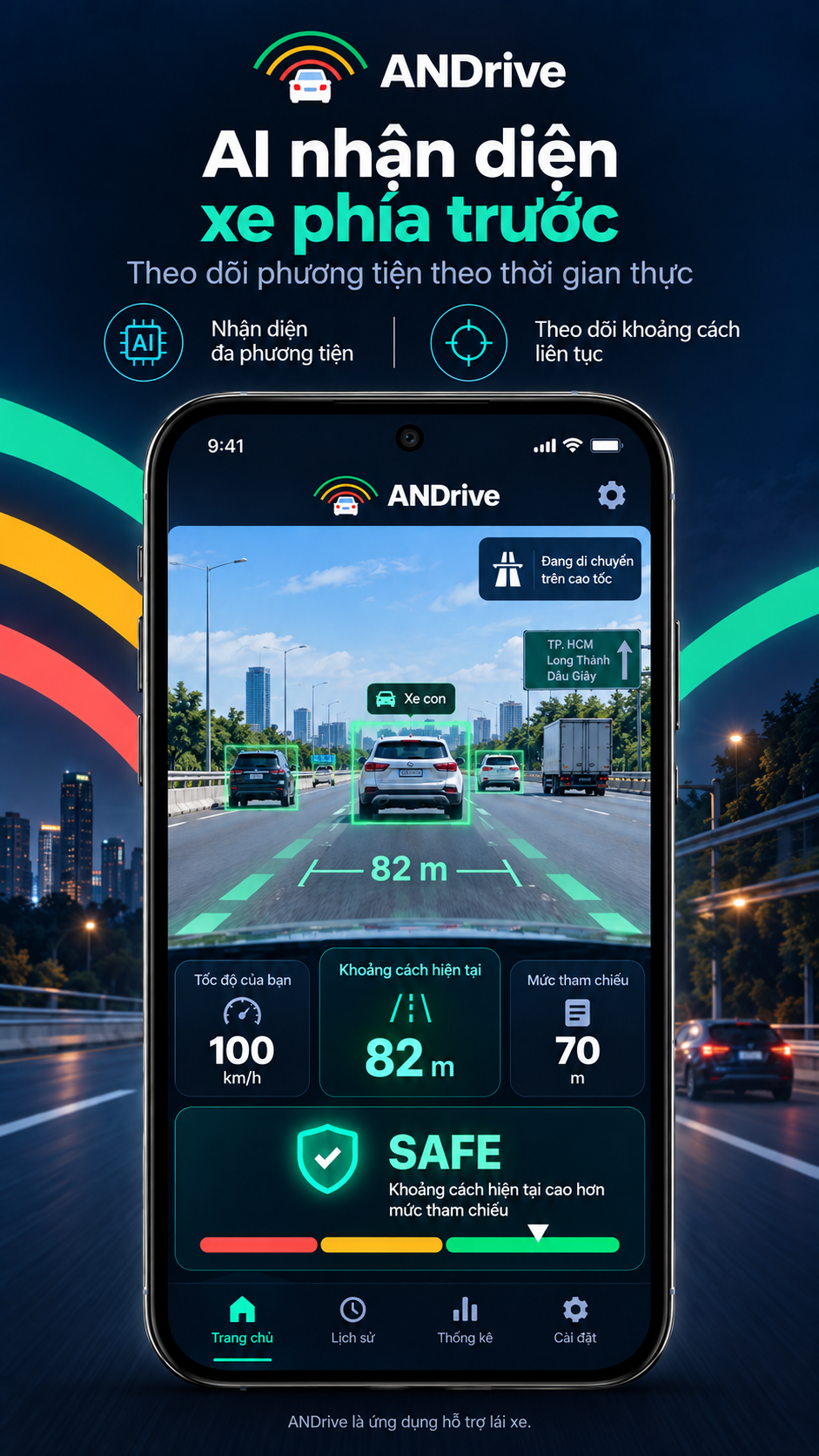ANDrive nhận diện nhiều phương tiện trên cao tốc và theo dõi khoảng cách với xe phía trước theo thời gian thực.